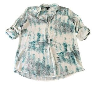 Mossimo Abstract Teal White Watercolor Splatter Print Top Blouse  Size M